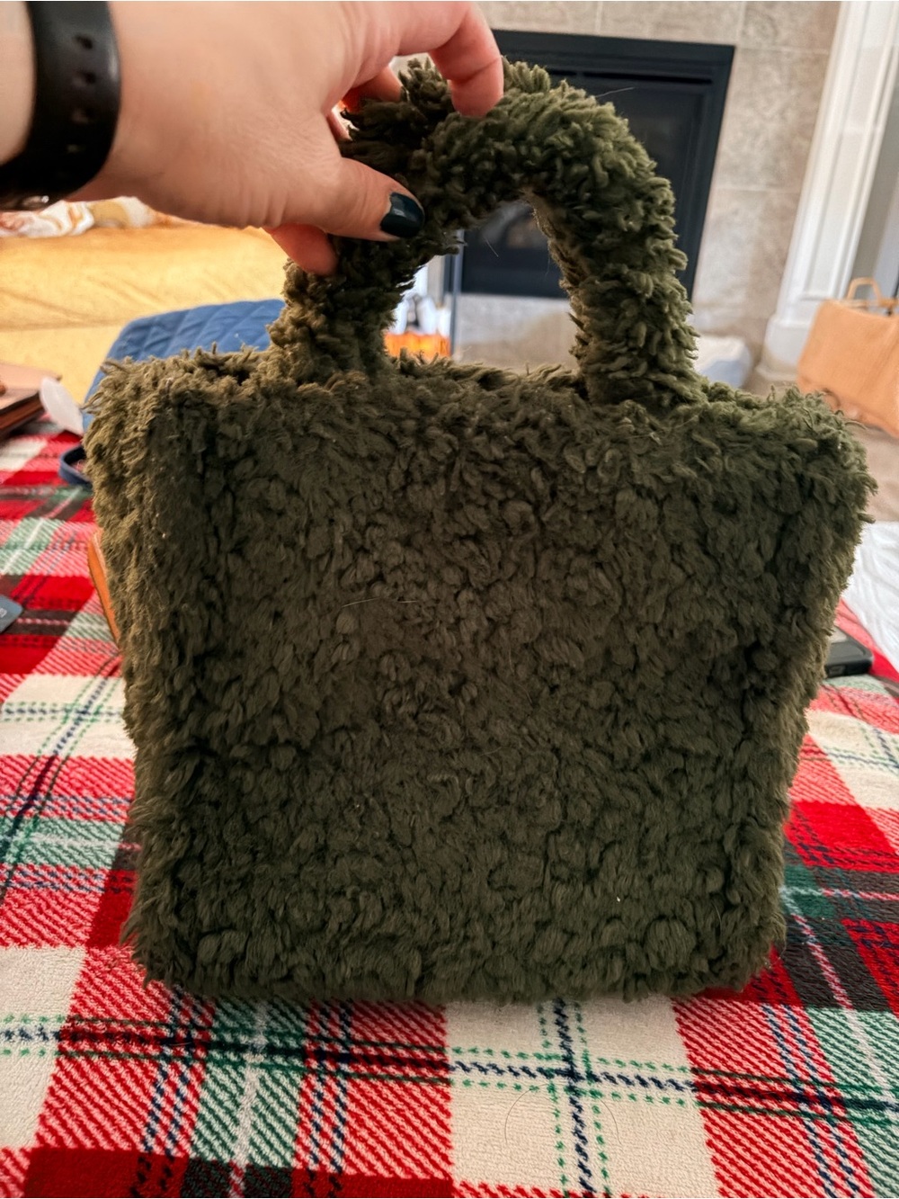 Plush Olive Green Faux Sherpa Tote Bag